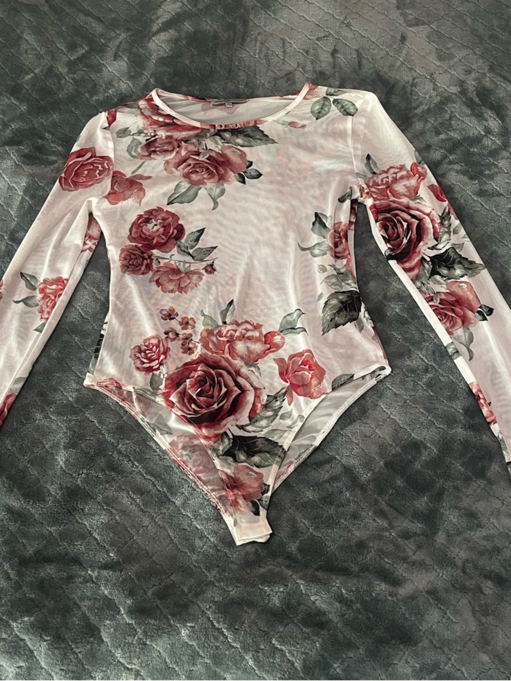 Sheer Floral Rose Mesh Bodysuit Long Sleeve Romantic Coquette Layering Top M